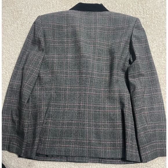 Kasper Womens Sz 14P Dark Academia Velvet Collar 2 Button Blazer Gray Black Red - Picture 3 of 12